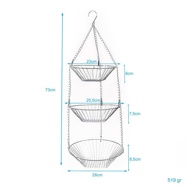 Intirilife keukenhangmand voor fruit en groenten - 3 niveaus, fruitmand om op te hangen, 3 niveaus