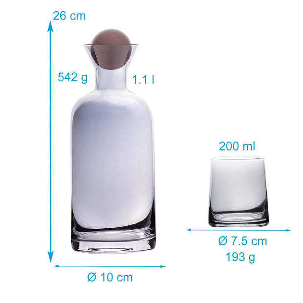 Intirilife karaf met 4 glazen set gemaakt van glas met rokerig grijze kleur - karaf 1.1 liter - glazen 200 ml