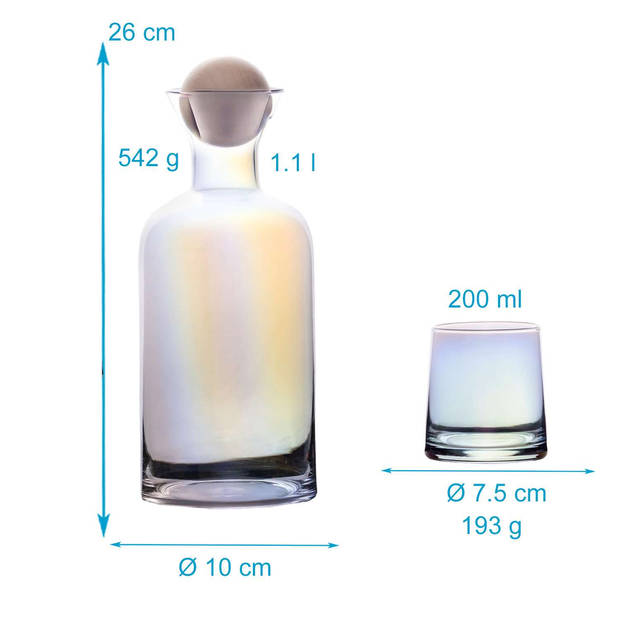 Intirilife karaf met 4 glazen set gemaakt van glas met regenboogglans - karaf 1.1 liter - glazen 200 ml