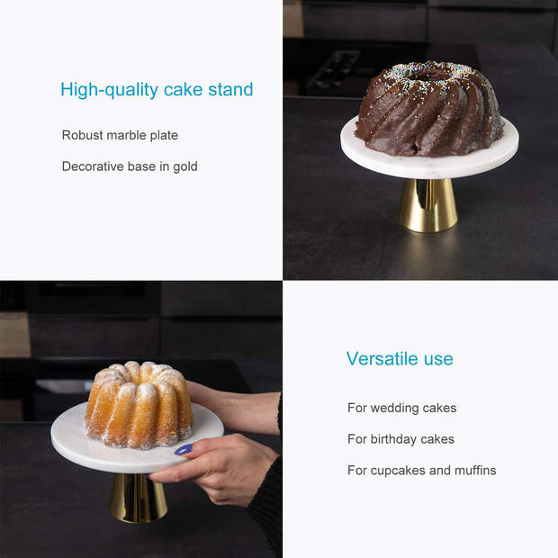 Intirilife taartplateau, taartstandaard met gouden voet en marmeren plaat - 20 x 11.3 cm - bord, schaal voor taarten