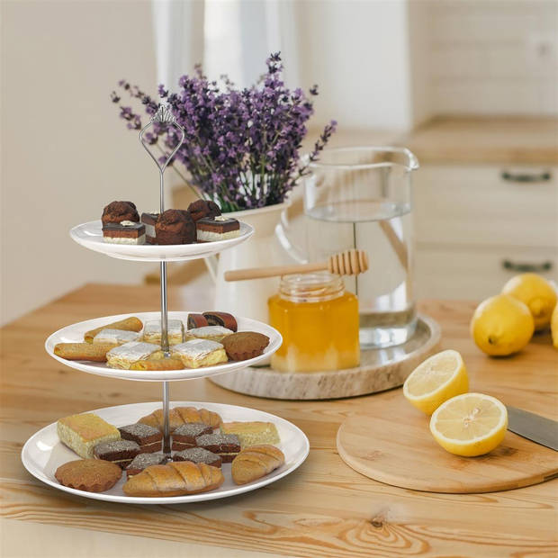 Intirilife taartplateau van porselein 3 niveaus - serveerplateau taartstandaard voor taarten, muffins, fruit en nog