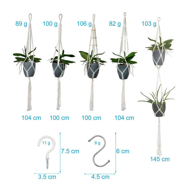 Intirilife set van 5 macrame hangende bloempotten in wit met ophangsysteem - plantenhanger, plantenhouder