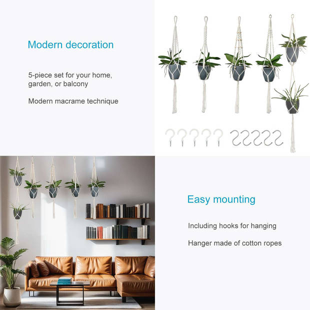 Intirilife set van 5 macrame hangende bloempotten in wit met ophangsysteem - plantenhanger, plantenhouder