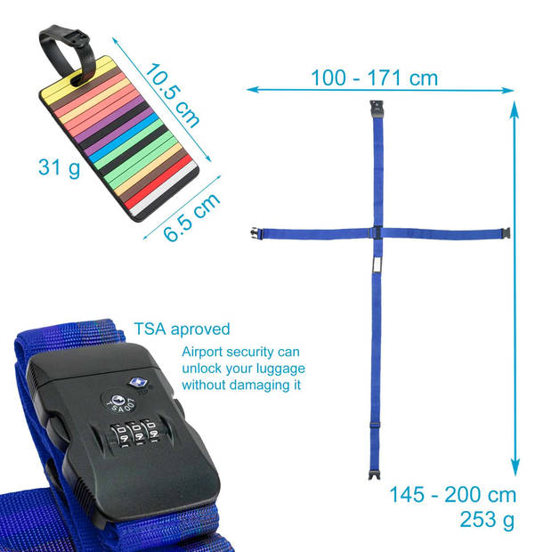 Intirilife bagageriem met cijferslot en naamlabel in blauw - 200-100 x 5 cm / 145-171 x 5 cm - koffergordel