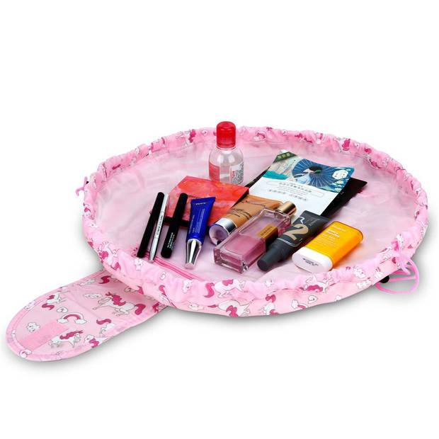 Intirilife make-up tasje in roze wit paard ronde one step toilettas met trekkoord om in elkaar te trekken