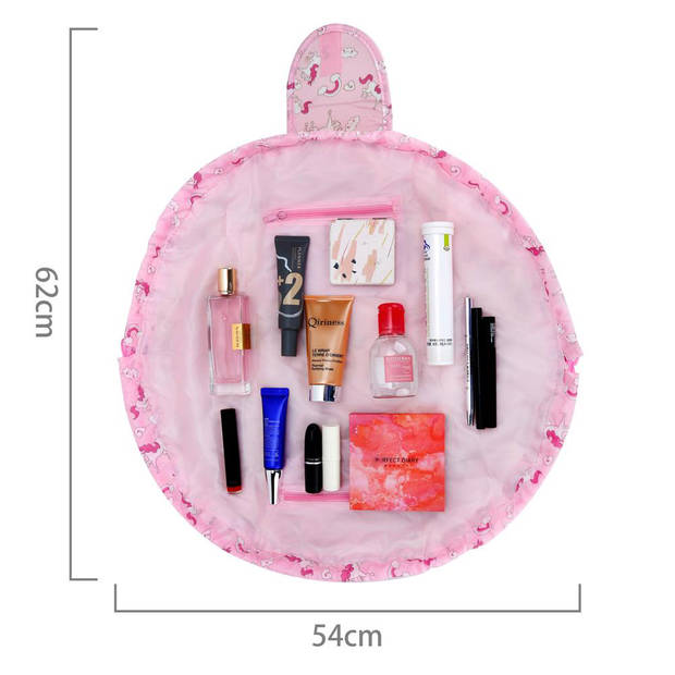 Intirilife make-up tasje in roze wit paard ronde one step toilettas met trekkoord om in elkaar te trekken