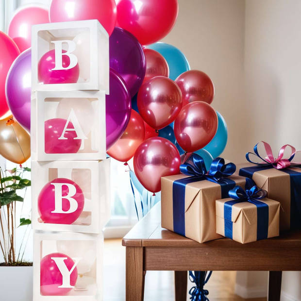 Intirilife set van 4 doorzichtige - witte babyshowerballonnen dozen - elk 30 x 30 x 30 cm - decoratieve dozen