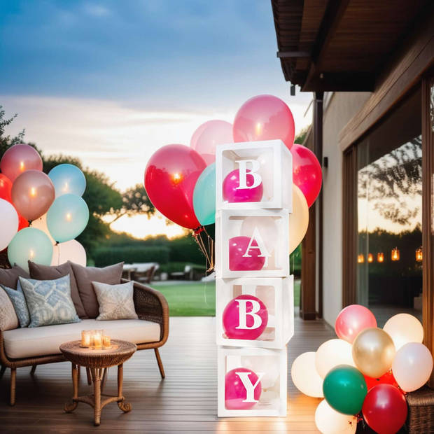 Intirilife set van 4 doorzichtige - witte babyshowerballonnen dozen - elk 30 x 30 x 30 cm - decoratieve dozen