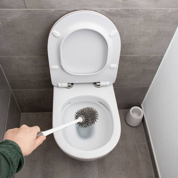 Intirilife flexibele siliconen toiletborstel met praktische houder in wit - grijs wc-borstel