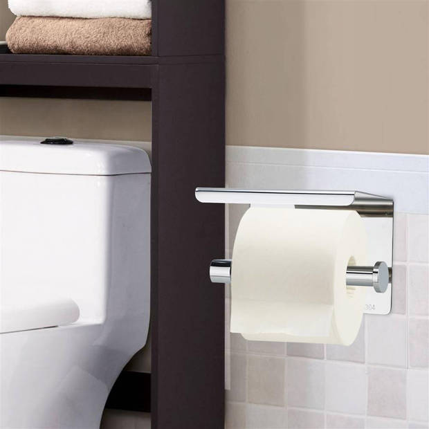 Intirilife toiletpapierhouder met plank in zilver – roestvrij stalen wc-papierrolhouder met plank om te boren