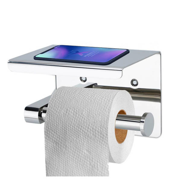 Intirilife toiletpapierhouder met plank in zilver – roestvrij stalen wc-papierrolhouder met plank om te boren