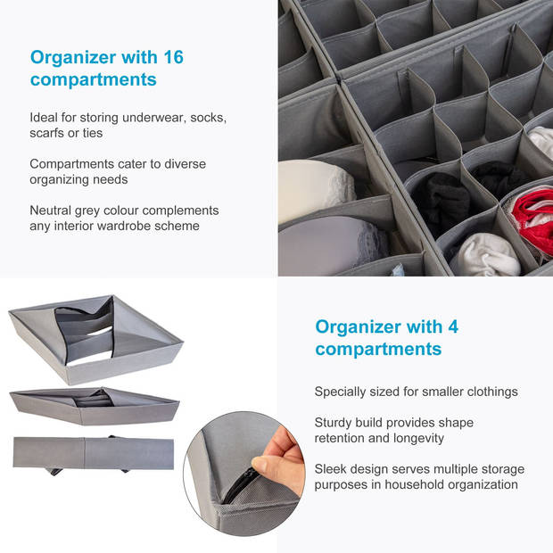 Intirilife opbergboxen organizersysteem 6-delig voor laden gemaakt grijs twee 4-compartiment vier 16-compartiment boxen
