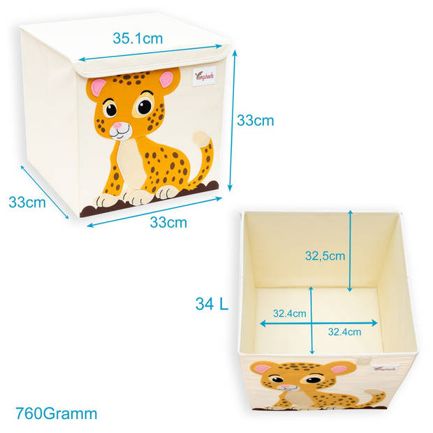 Intirilife opbergbox met deksel voor kinderen - 35,1 x 33,5 x 33,2 cm - motief tijgermotief box container voor speelgoed