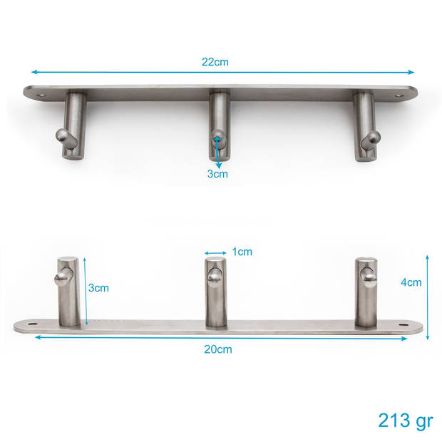 Intirilife roestvrijstalen kapstok model b - 3 haken - jashaken in 5 verschillende designs kledinghaken garderobe