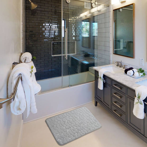 Intirilife grijze douchemat badmat met traagschuim met steeneffect voor badkamer en wasruimte