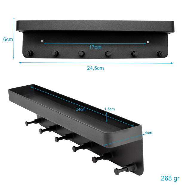 Intirilife sleutelhouder met plank in zwart - zelfklevend - haakstrip voor aan de muur met 6 haken en plank