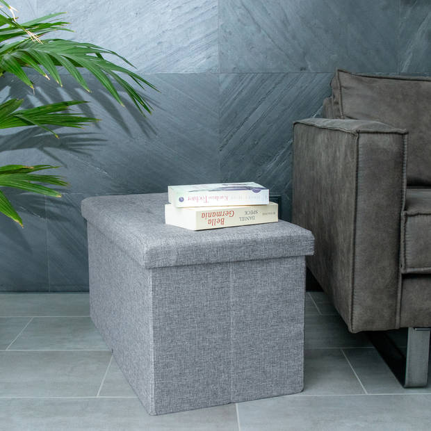 Intirilife opklapbare bank 76x38x38 cm in rock grey stoel kruk poef met opbergruimte en bekleding van stof met troggen