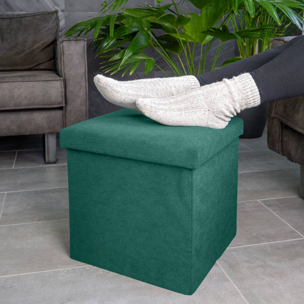 Intirilife opvouwbaar krukje 38 x 38 x 38 cm in groen - zitkubus met opbergruimte en deksel van stof in koord-look