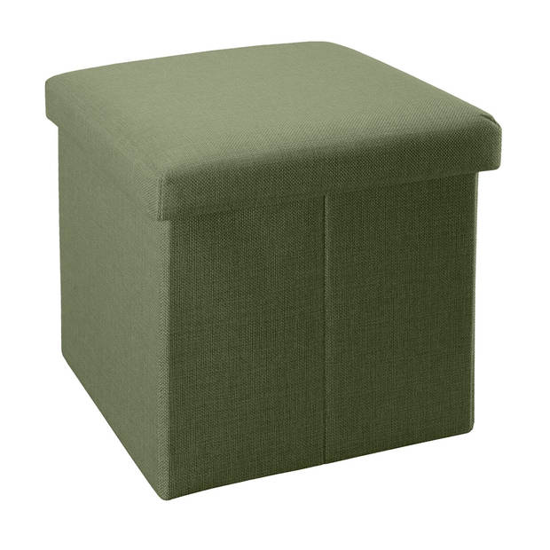 Intirilife opvouwbare kruk 38x38x38 cm in groen - zitkubus met opbergruimte en deksel van stof in linnenlook - zitkubus