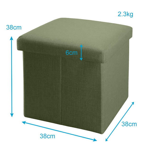 Intirilife opvouwbare kruk 38x38x38 cm in groen - zitkubus met opbergruimte en deksel van stof in linnenlook - zitkubus