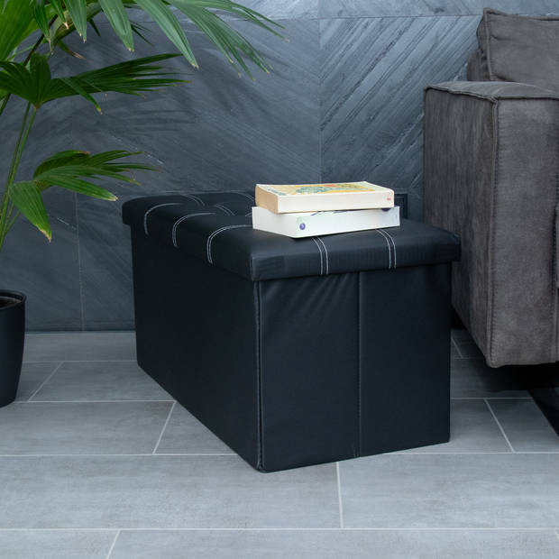 Intirilife opvouwbare zitbank kruk, 78 x 38 x 38 cm, lava zwart, zitkubus met opbergruimte en deksel van kunstleer