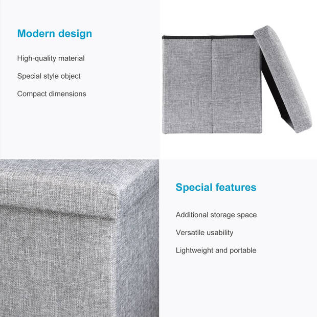 Intirilife opvouwbare kruk zitzak stoel 30 x 30 x 30 cm in alaska grijs kubus opbergdoos van linnen met deksel