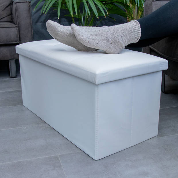 Intirilife opvouwbare zitbank kruk, 78 x 38 x 38 cm, opalin wit, zitkubus met opbergruimte en deksel van kunstleer