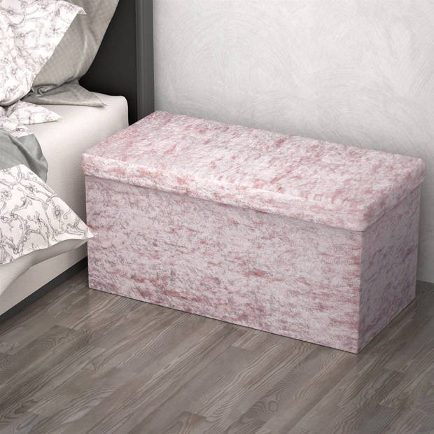 Intirilife opvouwbare bank 76x38x38 cm in fluweel rosé kruk stoel met opbergruimte en deksel met fluwelen hoes