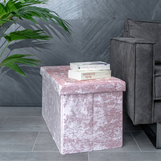 Intirilife opvouwbare bank 76x38x38 cm in fluweel rosé kruk stoel met opbergruimte en deksel met fluwelen hoes
