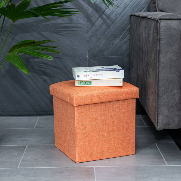 Intirilife opvouwbare kruk zitzak stoel 30 x 30 x 30 cm in oranje mandarini kubus opbergdoos van linnen met deksel