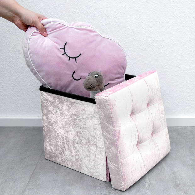 Intirilife opvouwbaar krukje 30x30x30 cm in fluweel rosé stoel poef met opbergruimte en deksel met fluwelen hoes