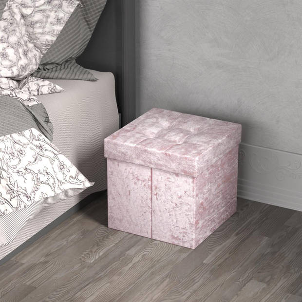 Intirilife opvouwbaar krukje 30x30x30 cm in fluweel rosé stoel poef met opbergruimte en deksel met fluwelen hoes