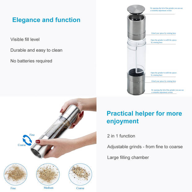Intirilife pepermolen in zilver transparant – 2-in-1 grinder handmolen van kunststof en roestvrij staal