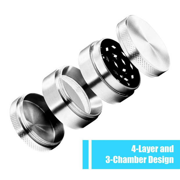Intirilife grinder in metallic zilver – 4-delige keukencrusher van metaal voor het malen en versnipperen van kruiden