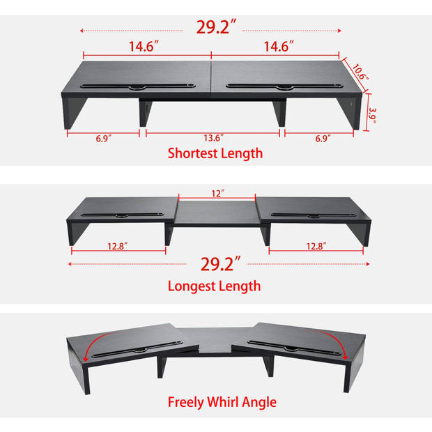 Intirilife 3-delige monitorstandaard in lengte verstelbaar bureaustandaard in zwart - 74 (104) x 27 x 10 cm