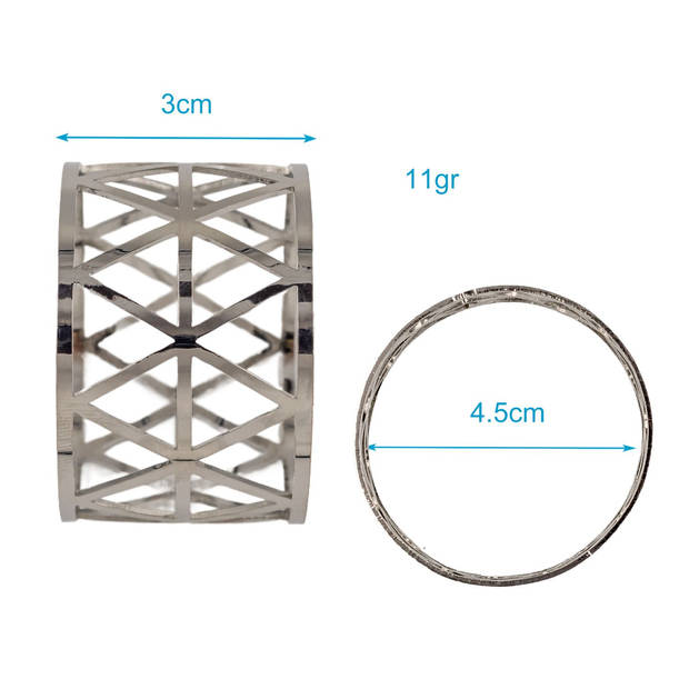 Intirilife servetringen 6 stuks van roestvrij staal in zilver - 4,5 x 3 cm - servethouderset servetgesp driehoekpatroon