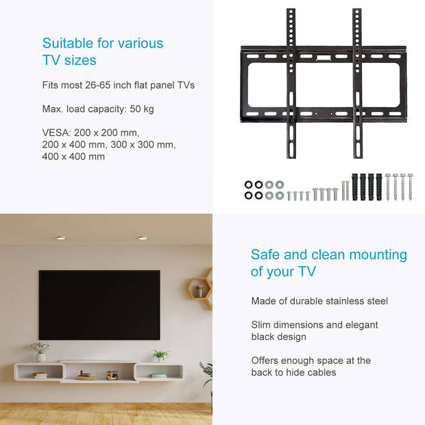 Intirilife stabiele tv-wandbevestiging van zwart roestvrij staal met afmetingen van 45.5 x 42.5 x 1 cm (vesa)