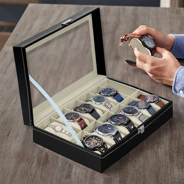 Intirilife horlogekastje met 12 vakjes horlogekastje met glazen deksel in zwart - 30 x 20 x 8 cm - vitrinekast