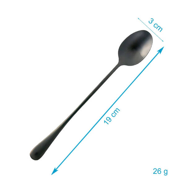 Intirilife set van 6 lepels van roestvrij staal in zwart - lengte 19 cm - ijslepel met lange steel, dessertlepel