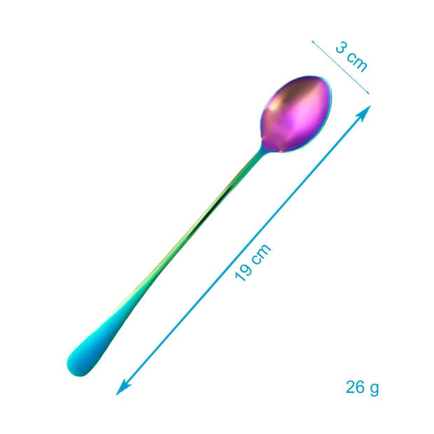 Intirilife set van 6 lepels van roestvrij staal in regenboogkleuren - 19 cm - ijslepel met lange steel, dessertlepel