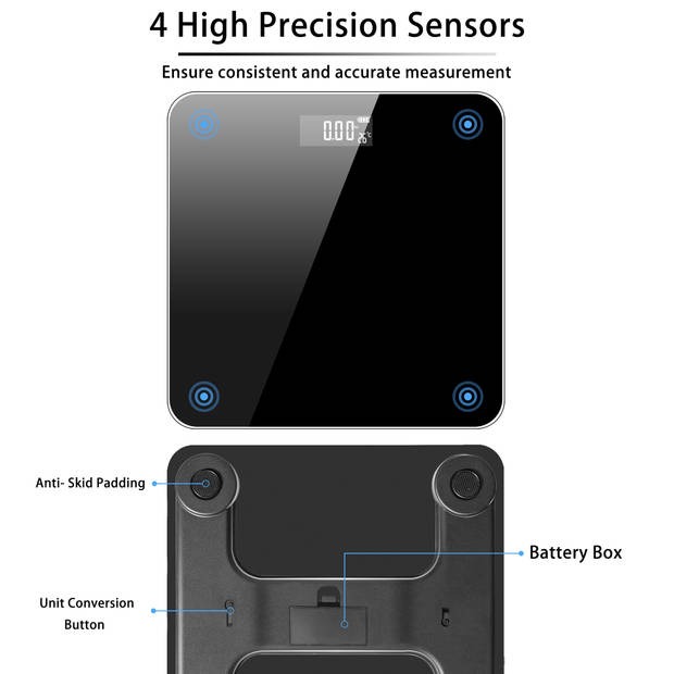 Intirilife ultradunne badkamerweegschaal lichaamsweegschaal in zwart met 26 x 26 cm basis en digitale display