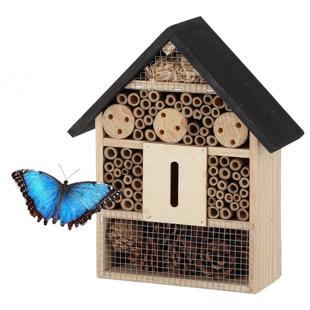 Esschert design insectenhotel - hout - zwart/naturel - 24.5 x 9.5 x 29 cm - bijenhotel/Insectenhuis - Insectenhotel