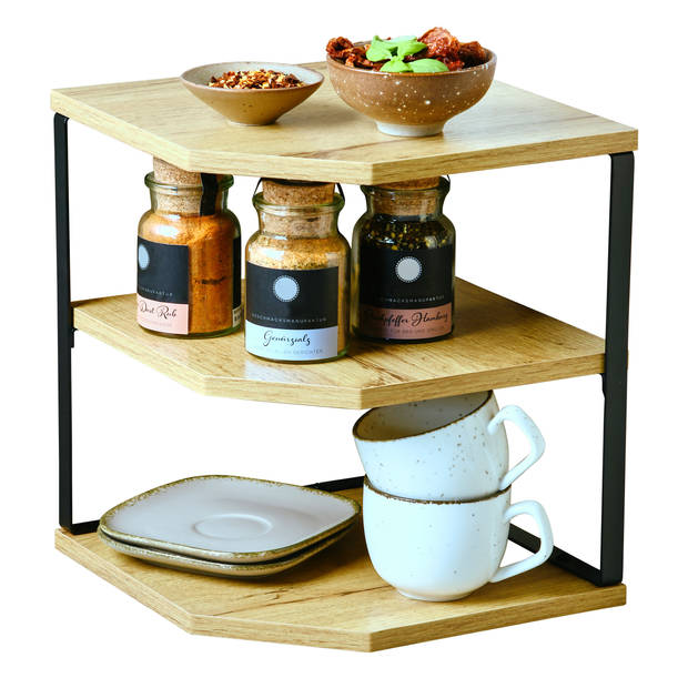 Kesper Keuken aanrecht hoek etagere - 2 niveaus - hout/metaal - organizer - 26 x 26 x 28 cm - Keukenhulphouders