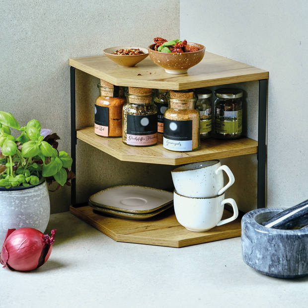 Kesper Keuken aanrecht hoek etagere - 2 niveaus - hout/metaal - organizer - 26 x 26 x 28 cm - Keukenhulphouders