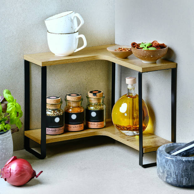 Kesper Keuken aanrecht hoek etagere - 2 niveaus - hout/metaal - organizer - 30 x 30 x 28 cm - Keukenhulphouders