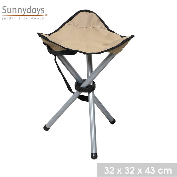 Sunnydaysdriepoot opvouwbaar zit krukje - beige - metaal - 32 x 43 cm - visserskruk - Campingkrukjes