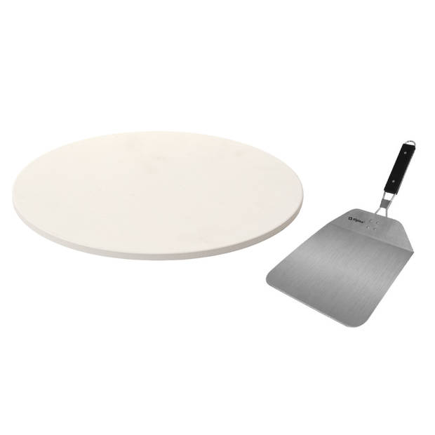 Pizzasteen rond keramiek 33 cm met handvaten incl. pizzasnijder en inklapbare RVS pizzaschep 25 cm - Pizzaplaten