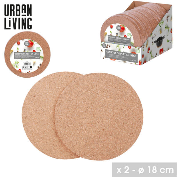 Urban Living Pannen onderzetters rond - set 2x stuks - van kurk - dia 18 cm - Panonderzetters