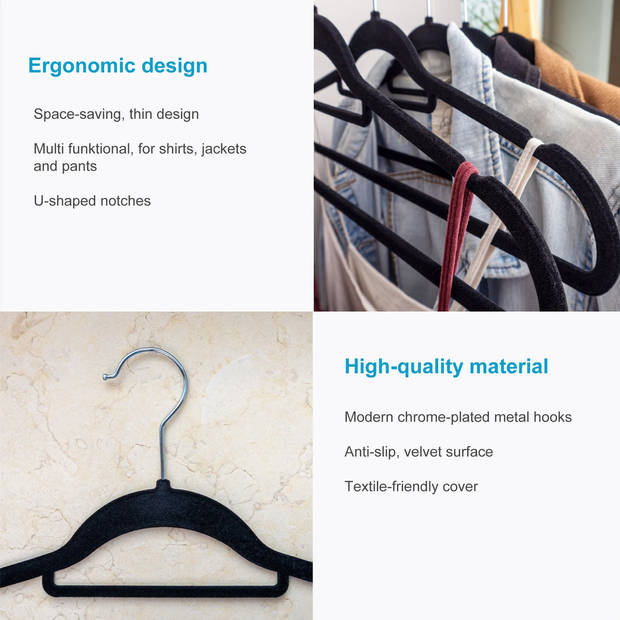 Intirilife ruimtebesparende kleerhangers 50x velvet zwart gemaakt van kunststof met roestvrijstalen haken