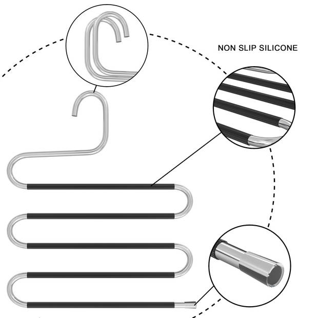 Intirilife 5x s-vormige broekhangers in zilver - ruimtebesparende hangers voor broeken, sjaals, stropdassen, riemen